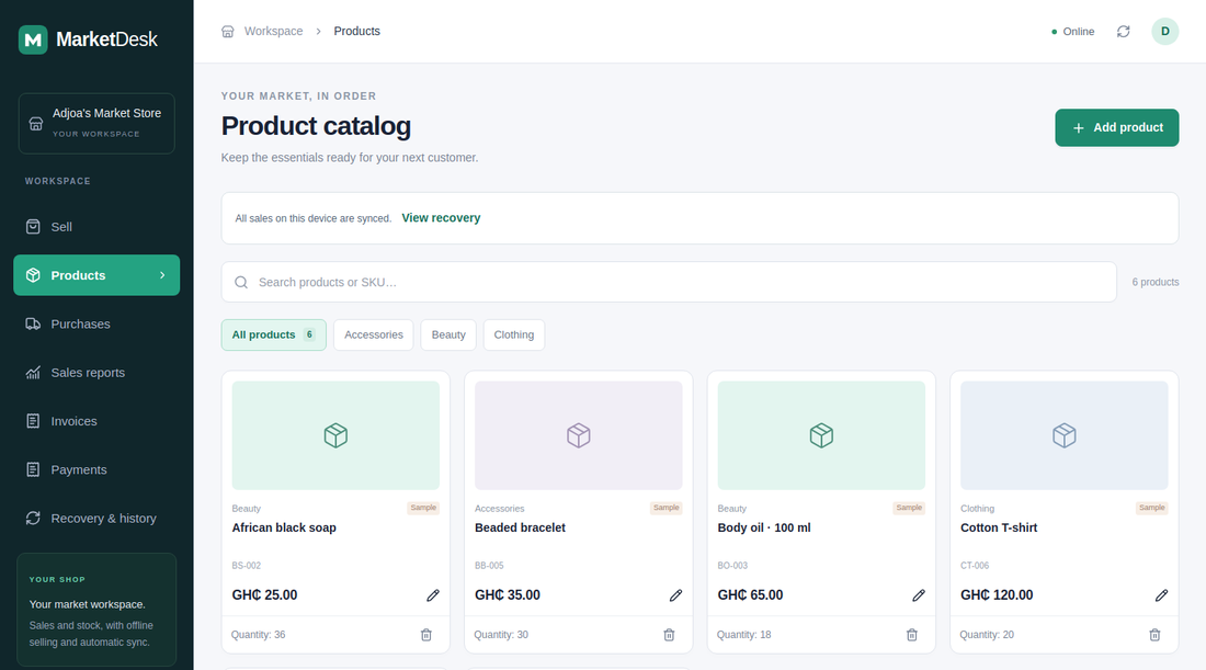 MarketDesk product catalog showing items, categories, prices and stock counts
