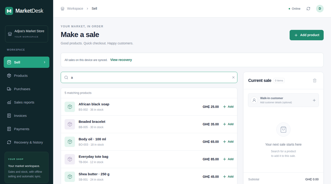 MarketDesk sell screen showing product search results being added to a cart